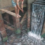 Desenho 3D de Julian Beever, ele está fingindo que está pulando em um riacho.