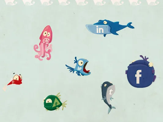 ícones apra as redes socais em formato de peixes, social fish (1)