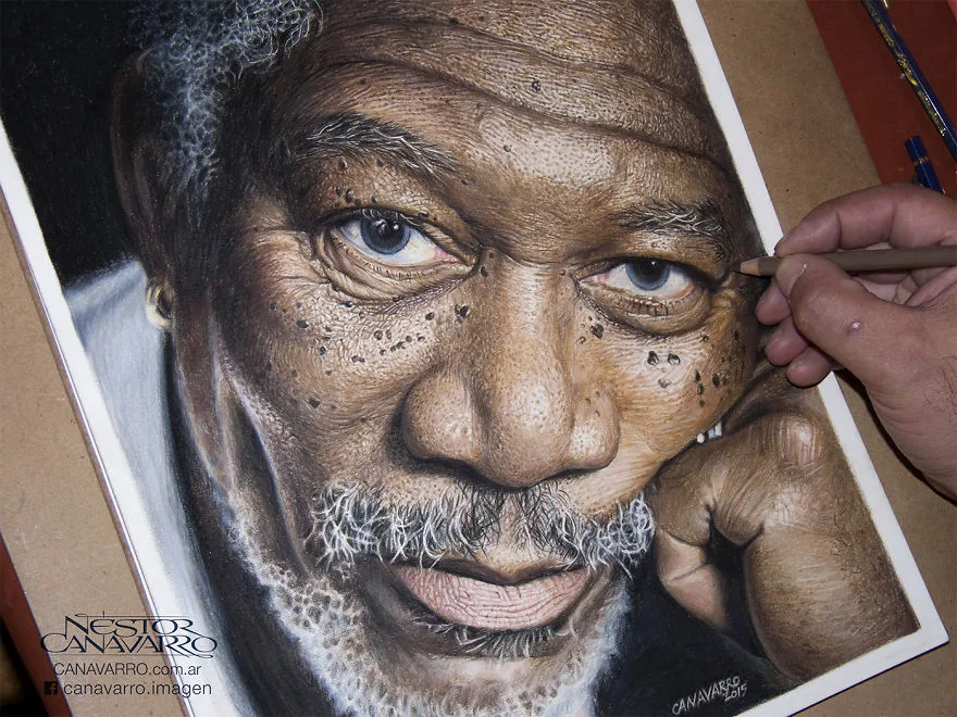 Desenhos realistas de Morgan Freeman por Néstor Canavarro (5)