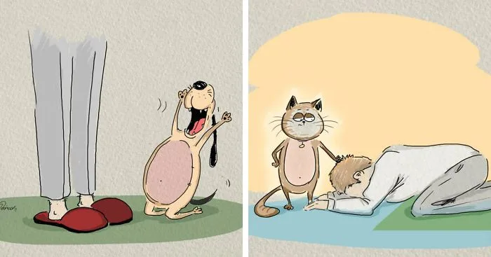 Ilustrações com a comparação de personalidades entre gatos e cachorros (7)