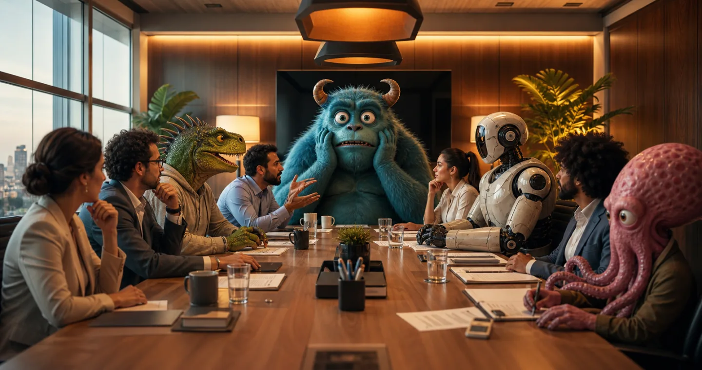 capa sem texto de reunião absurda com personagens imaginários criada com IA