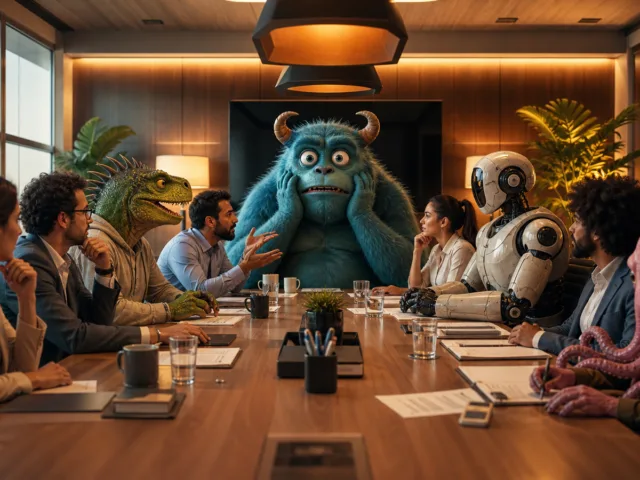 capa sem texto de reunião absurda com personagens imaginários criada com IA