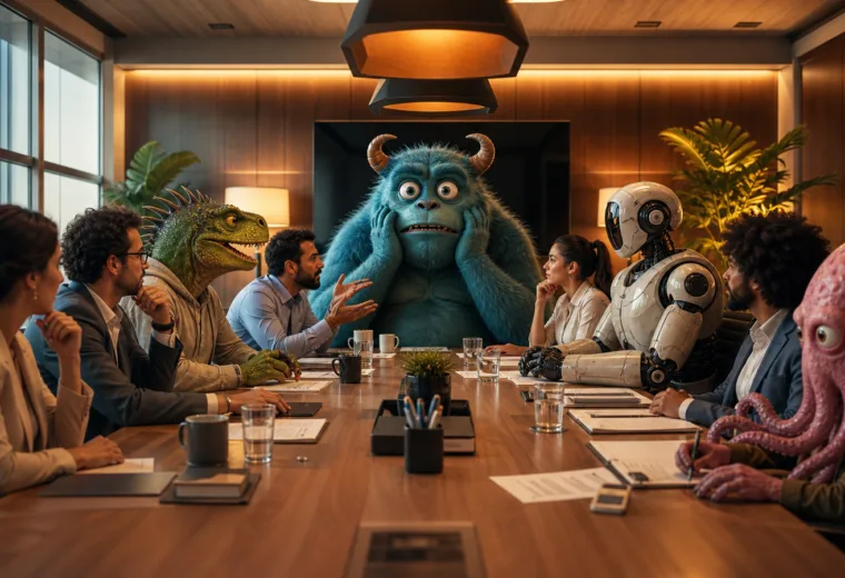 capa sem texto de reunião absurda com personagens imaginários criada com IA