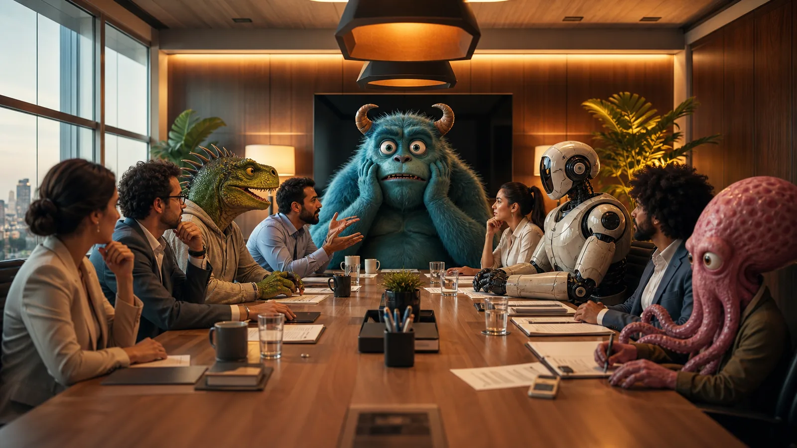 capa sem texto de reunião absurda com personagens imaginários criada com IA