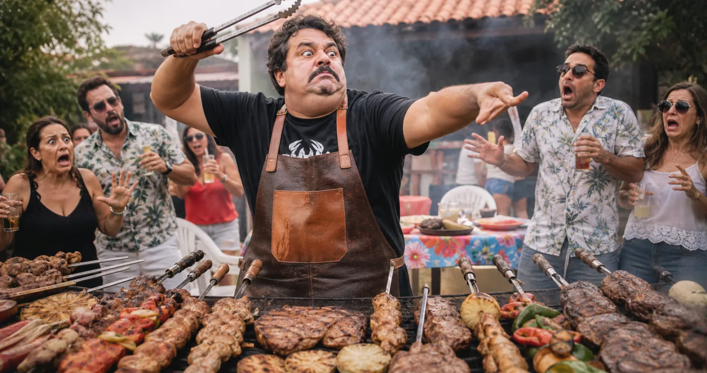 pessoa como fiscal do churrasco em cena engraçada criada com IA