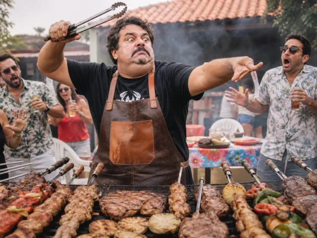 pessoa como fiscal do churrasco em cena engraçada criada com IA