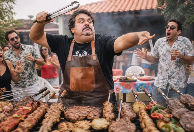 pessoa como fiscal do churrasco em cena engraçada criada com IA