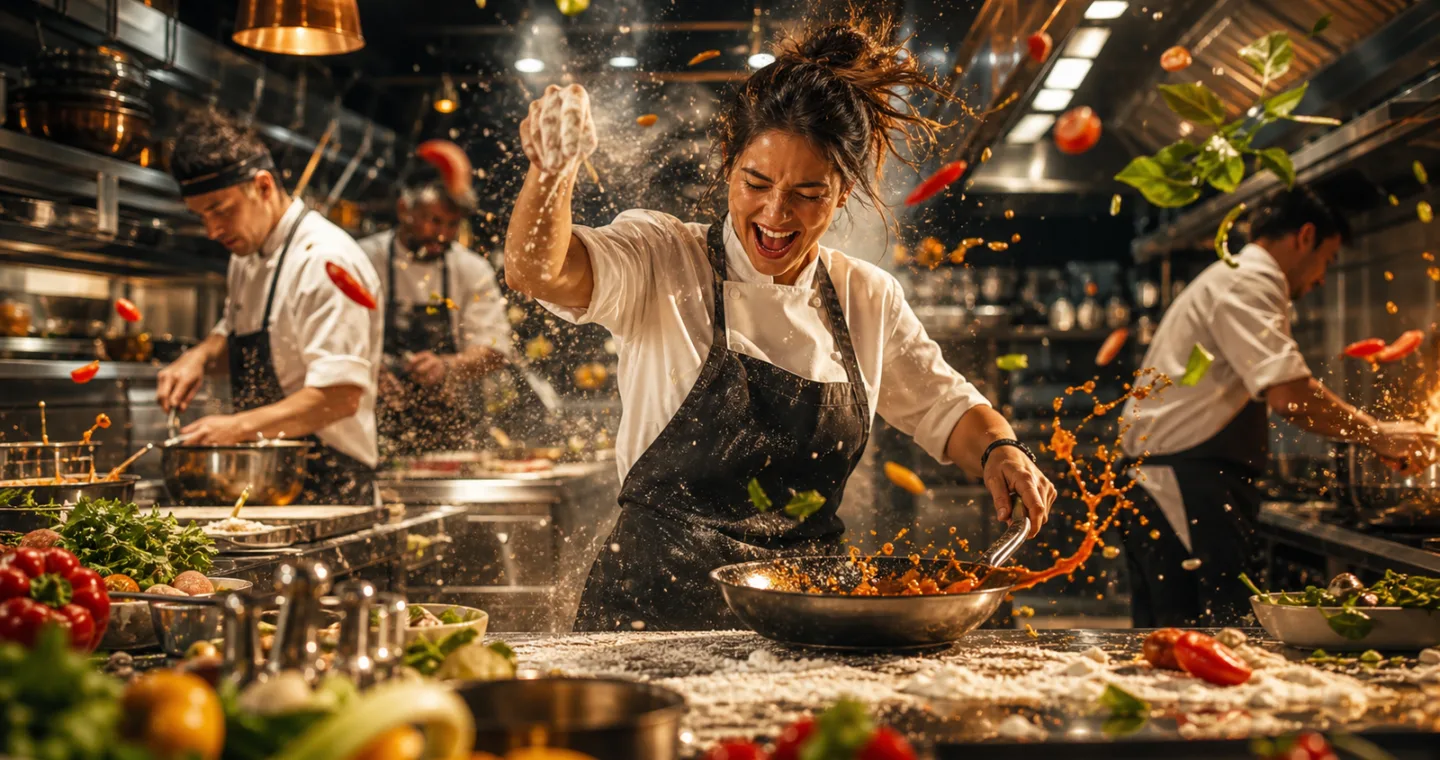 capa sem texto de chef famoso em cozinha caótica criado por ia