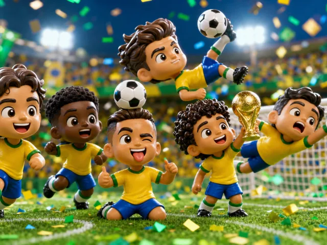 capa sem texto com mini craques cabeçudos em uniforme inspirado no Brasil