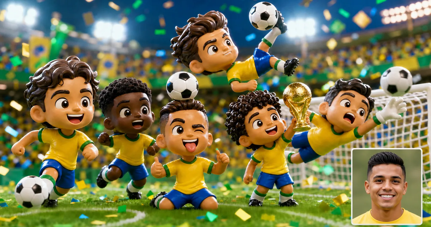 capa de mini craques cabecudos com roupa da selecao brasileira e foto realista no canto inferior direito