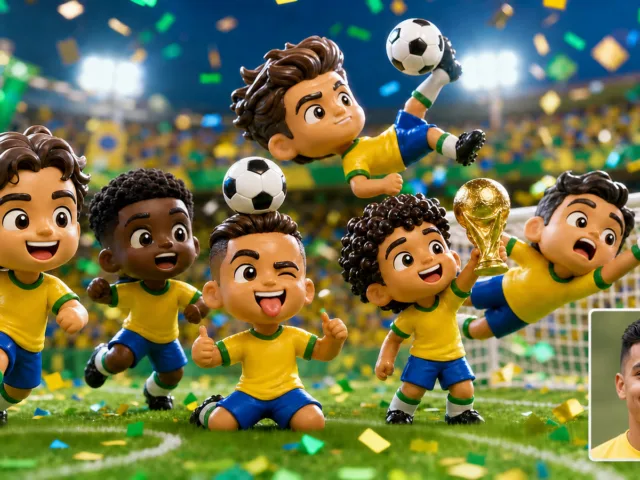 capa de mini craques cabecudos com roupa da selecao brasileira e foto realista no canto inferior direito
