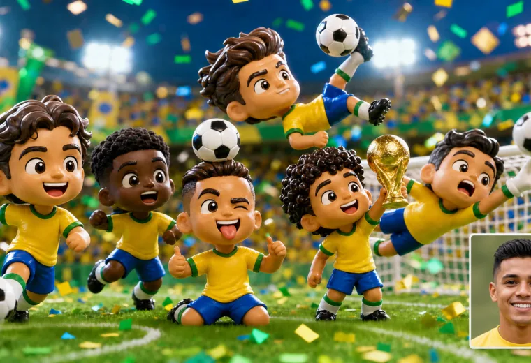 capa de mini craques cabecudos com roupa da selecao brasileira e foto realista no canto inferior direito