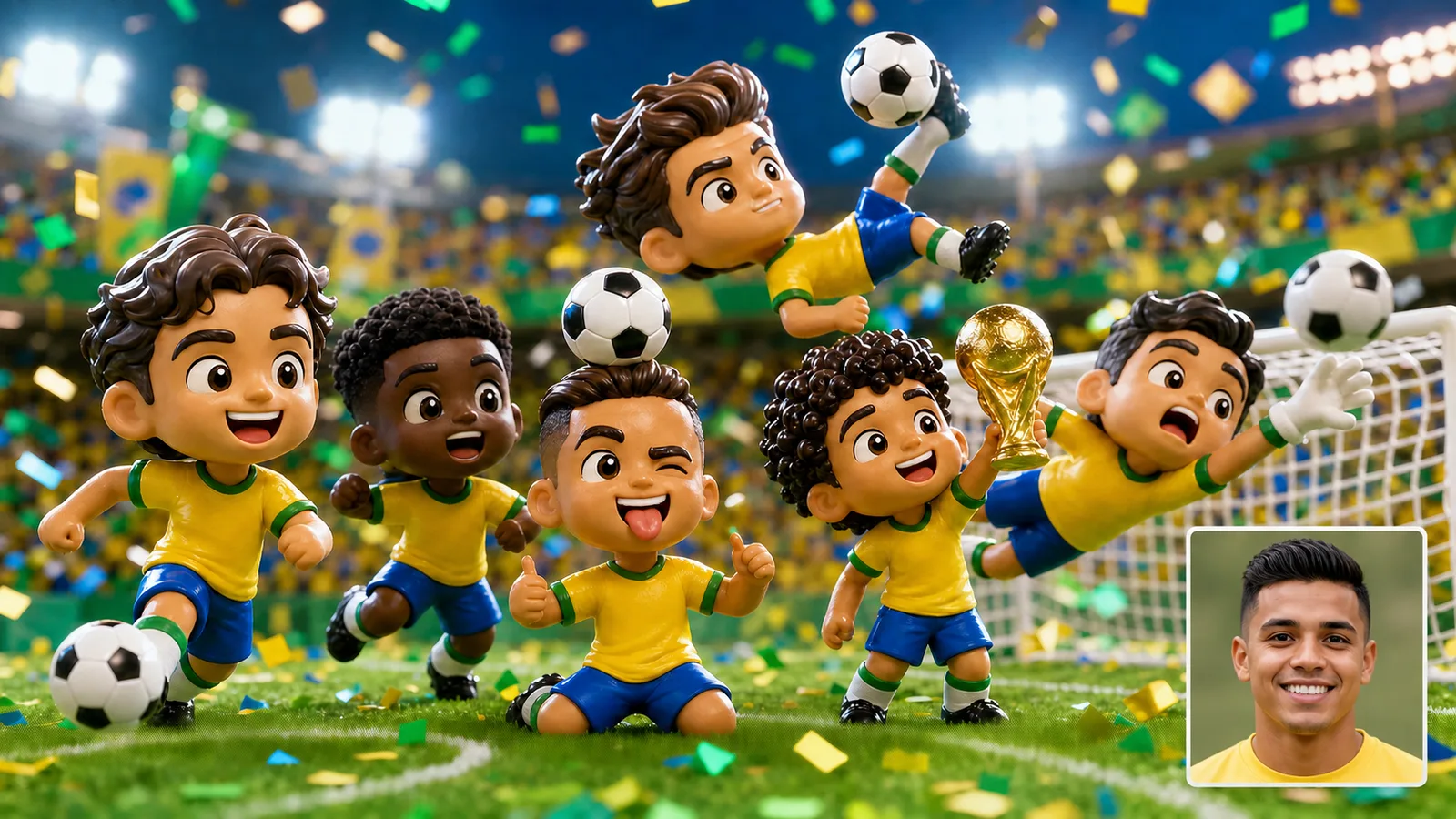 capa sem texto com mini craques cabeçudos em uniforme inspirado no Brasil