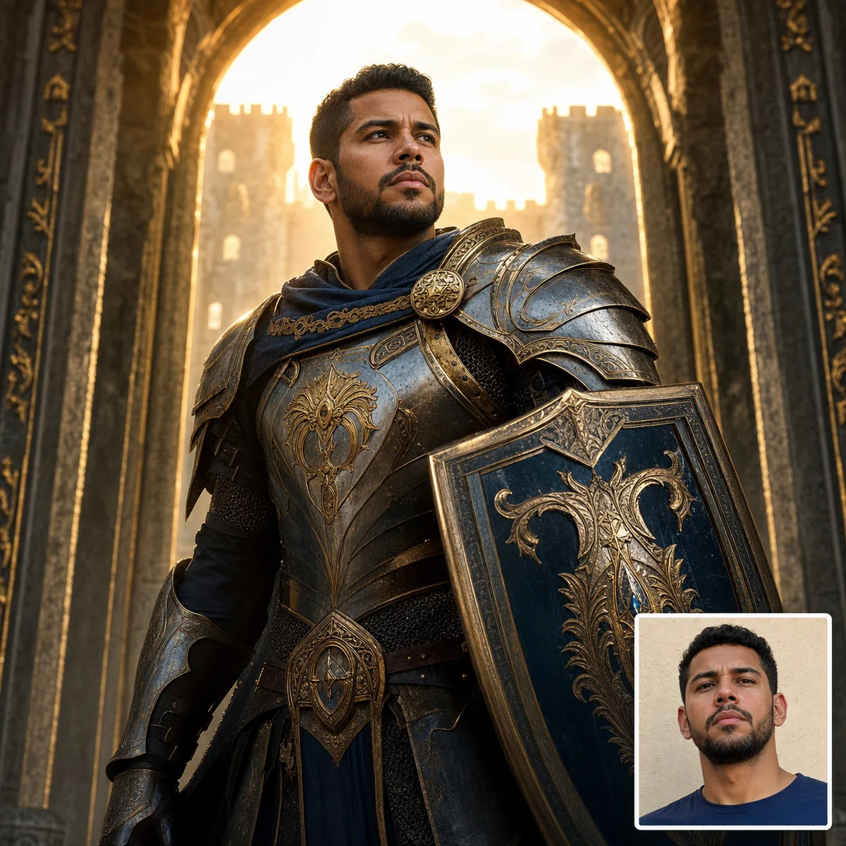guardião da fortaleza com antes e depois criado com IA