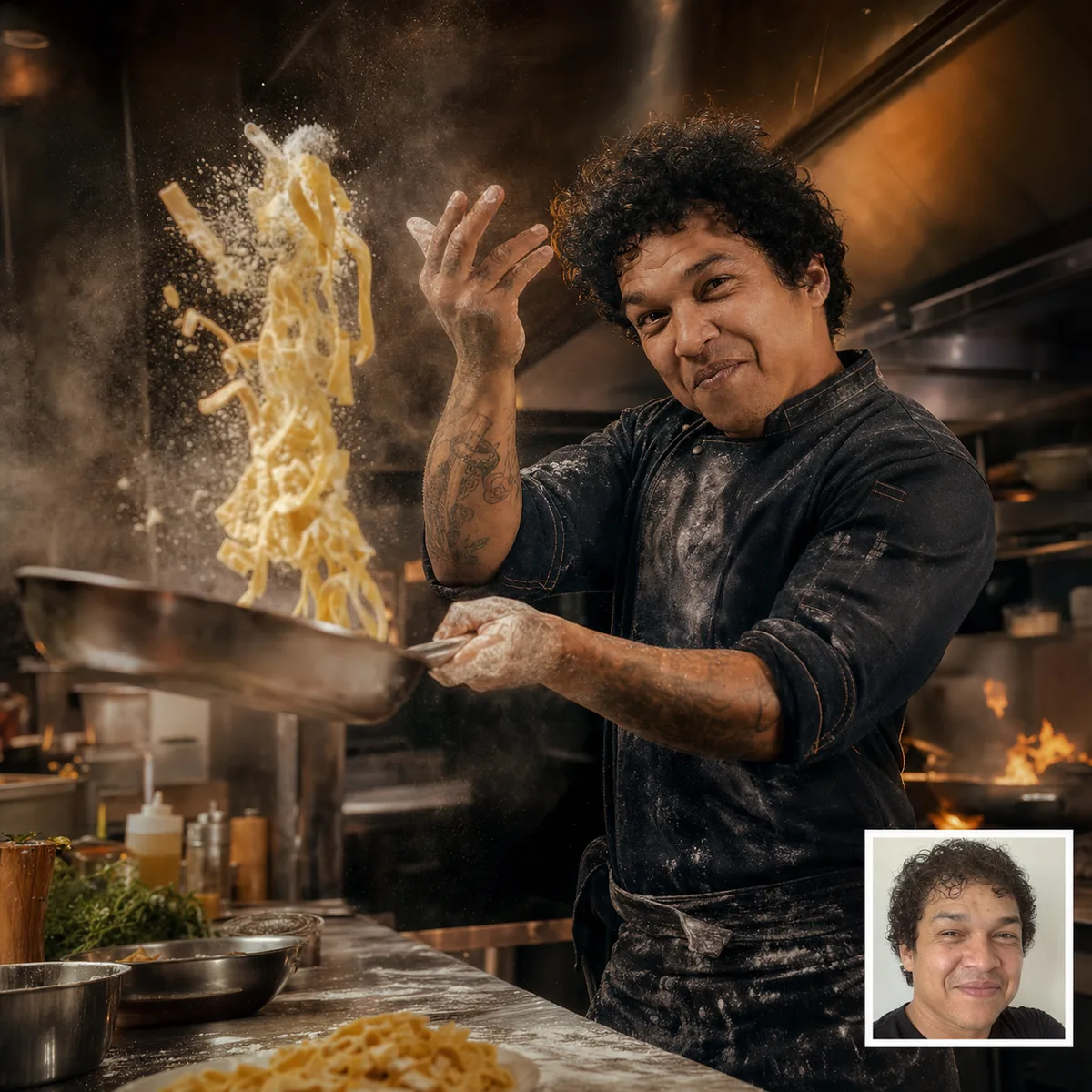 massa voando na frigideira com antes e depois criado com ia