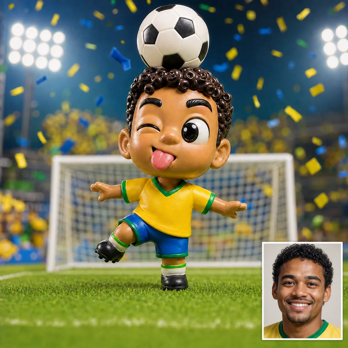 mini craque cabeçudo equilibrando bola na cabeça