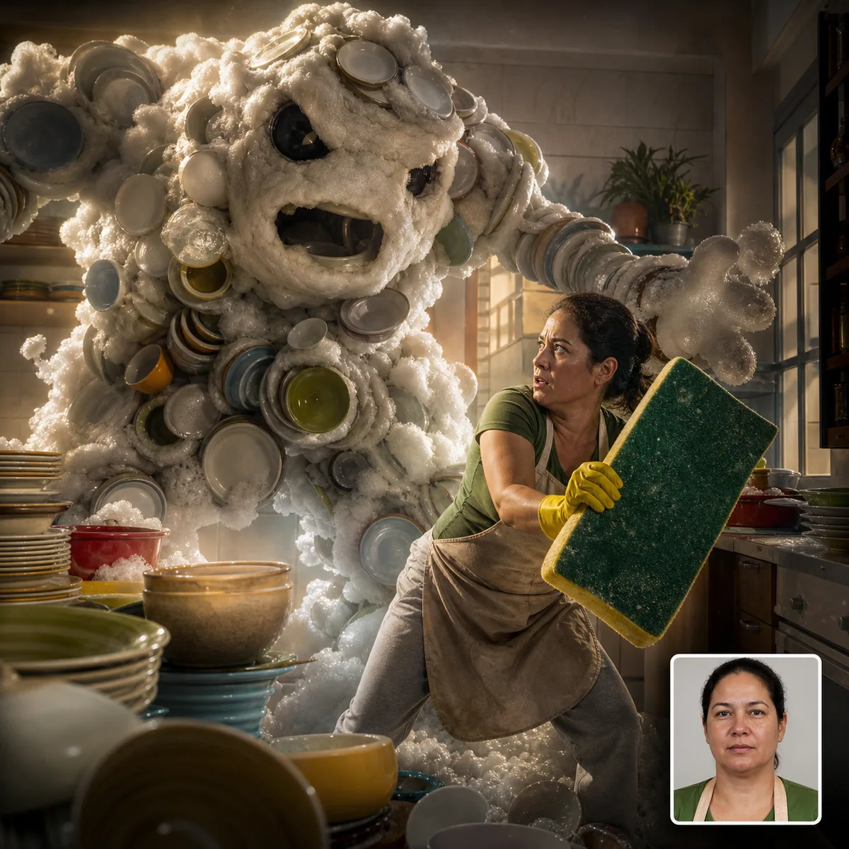 monstro de pratos e espuma com antes e depois criado com IA