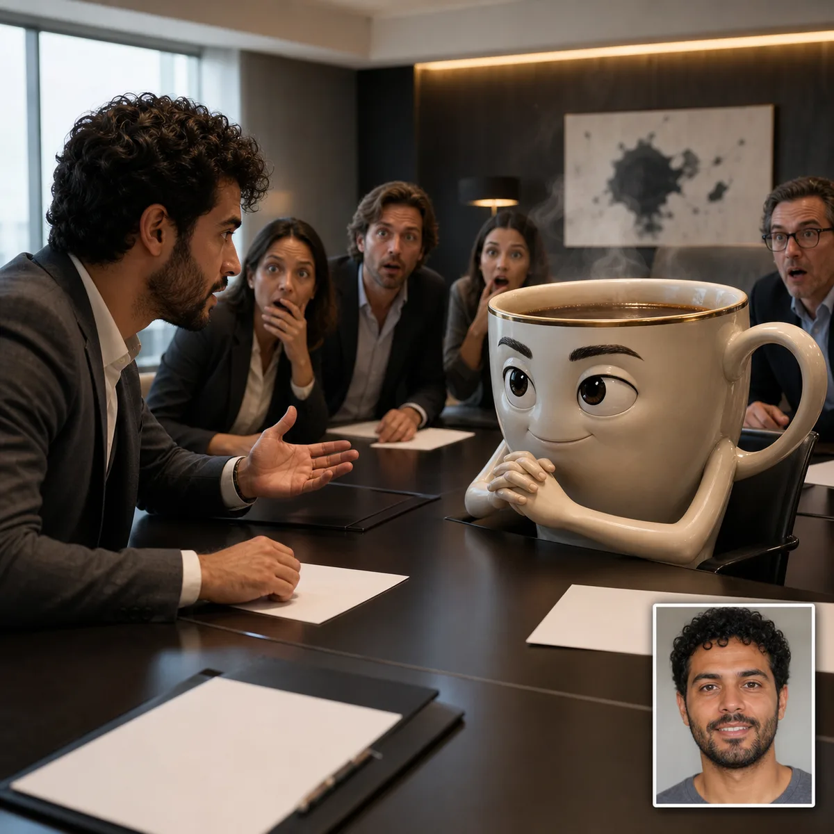 negociação com a caneca gigante com antes e depois criado com IA