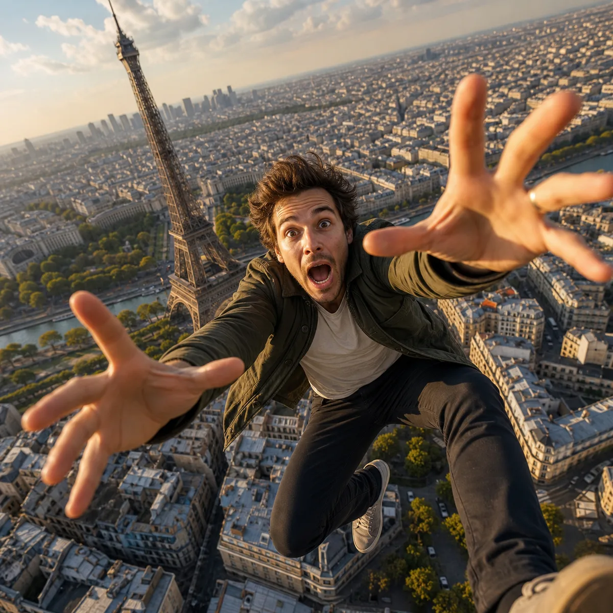 pessoa caindo em perspectiva realista perto da Torre Eiffel