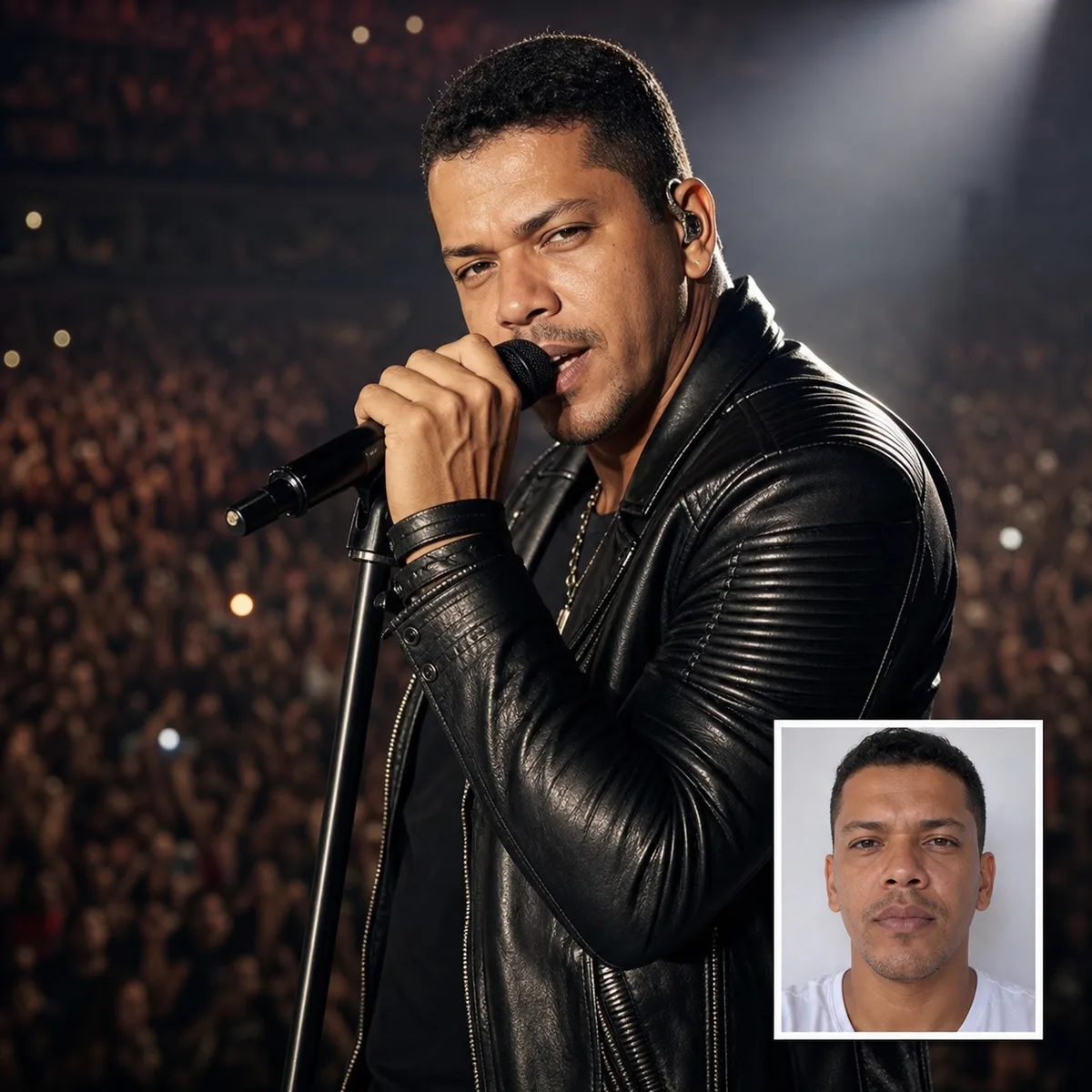 vocalista no palco principal com antes e depois criado com ia