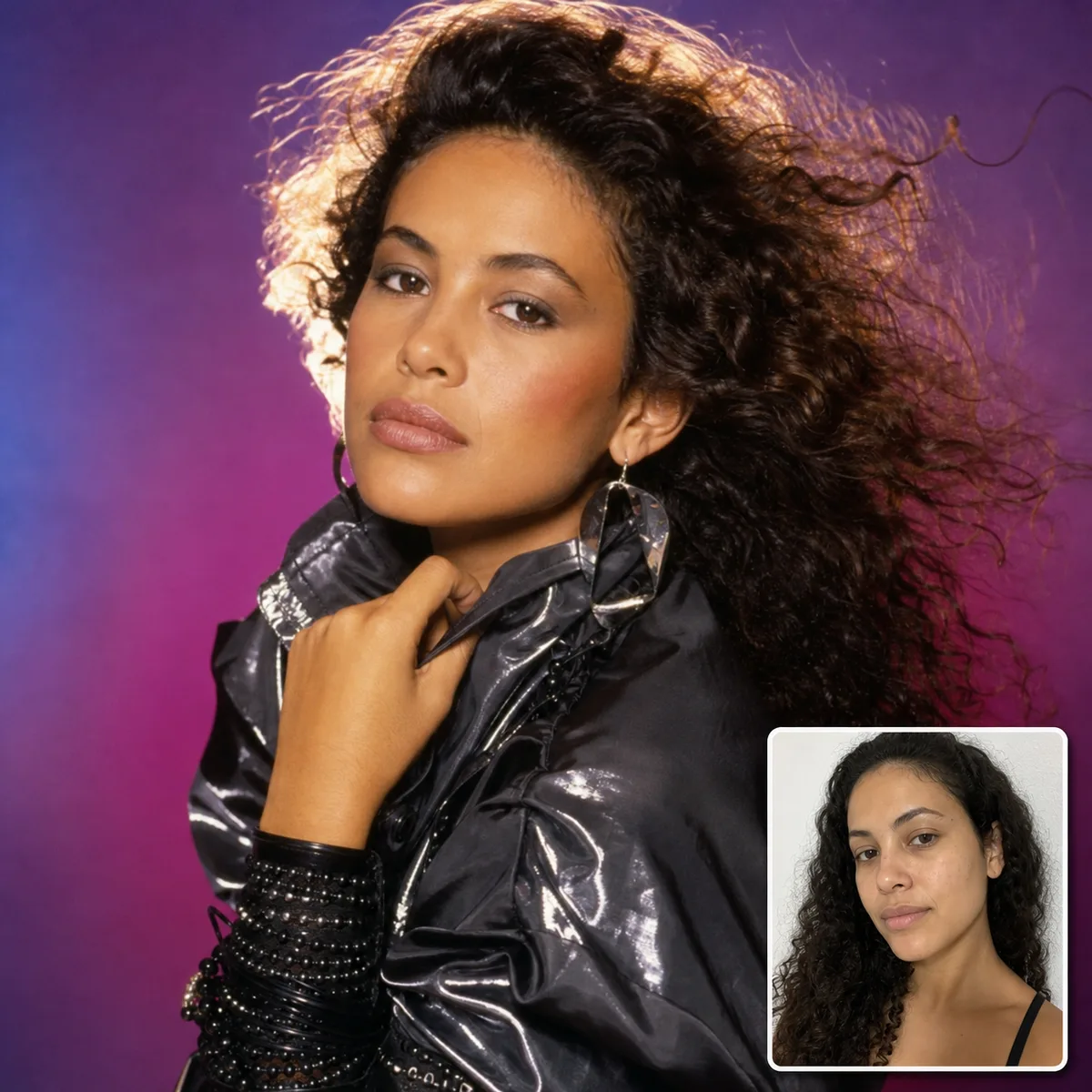 capa pop com vento no cabelo com antes e depois criado com ia