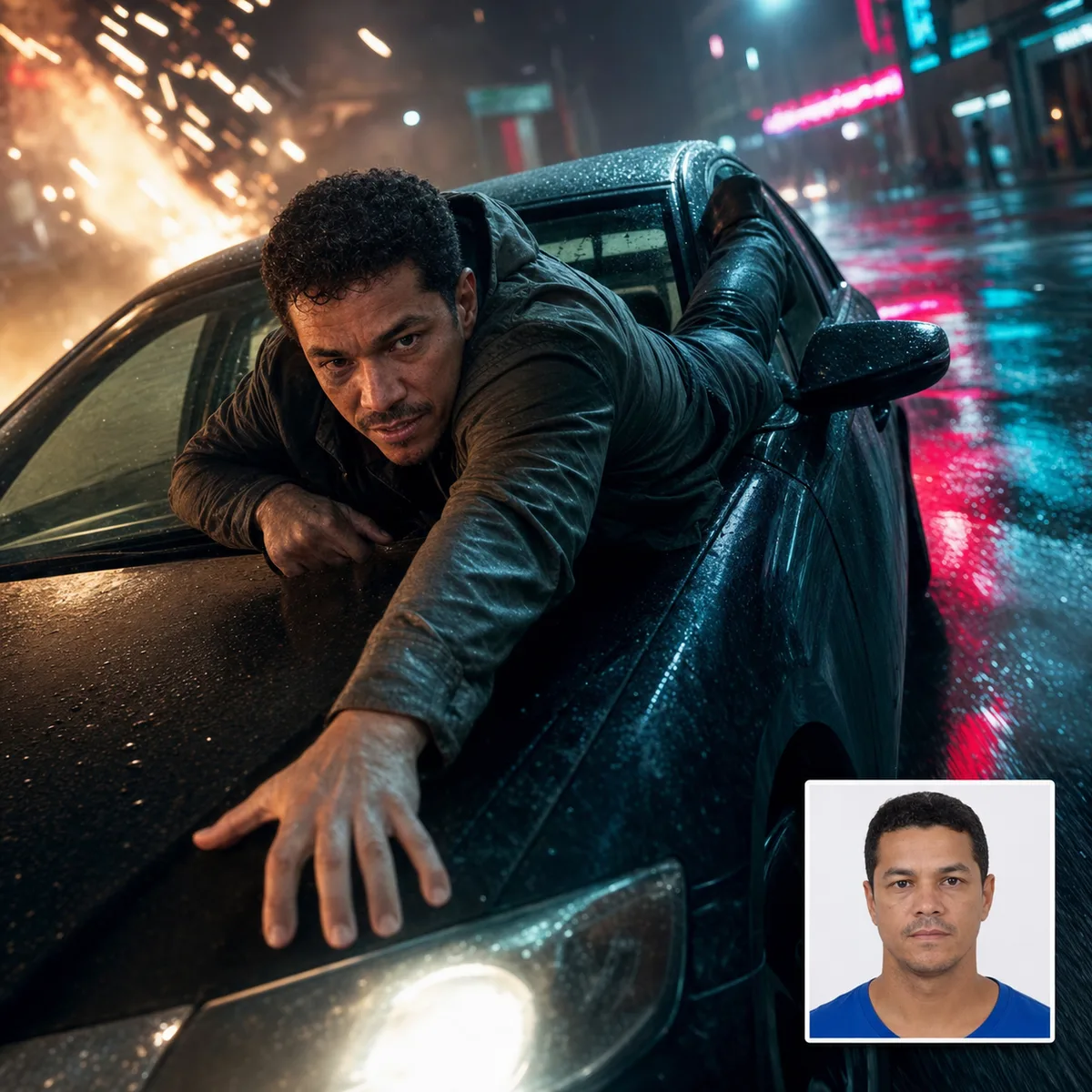 carro deslizando na chuva com antes e depois criado com IA