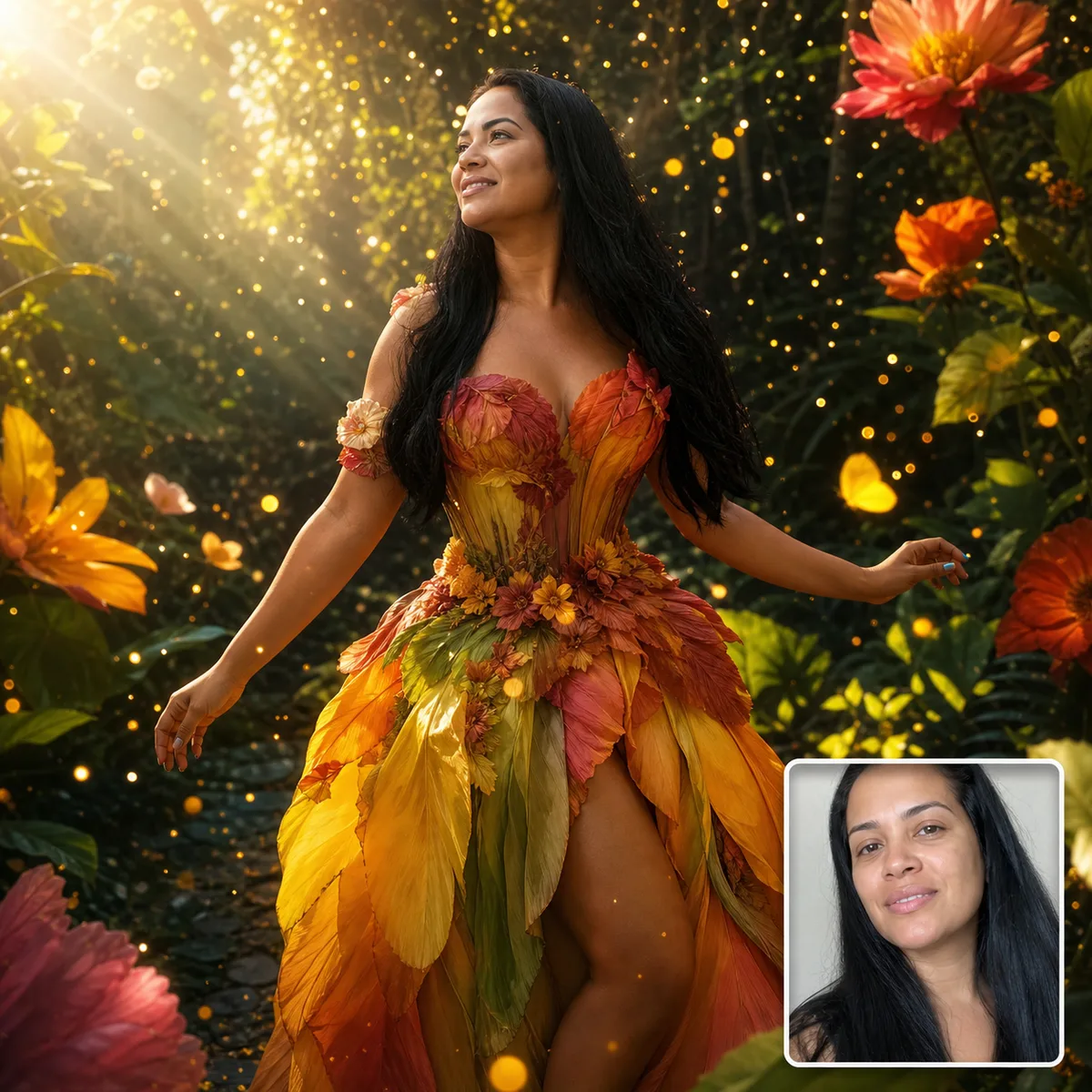flores gigantes ao amanhecer com antes e depois criado com IA