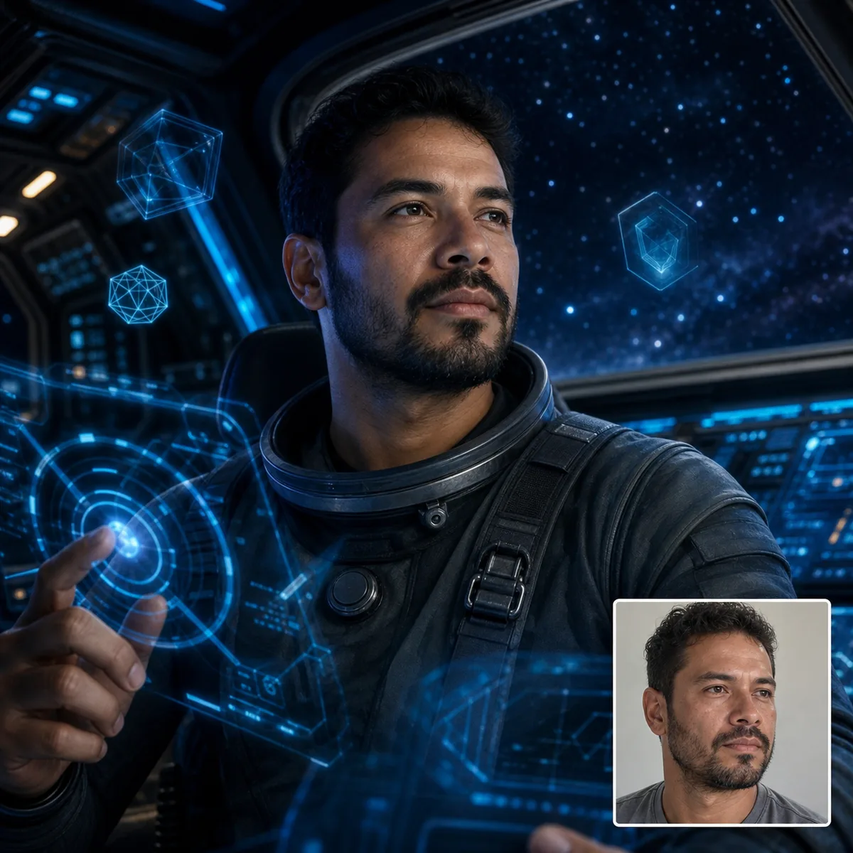 piloto da nave nas estrelas com antes e depois criado com ia