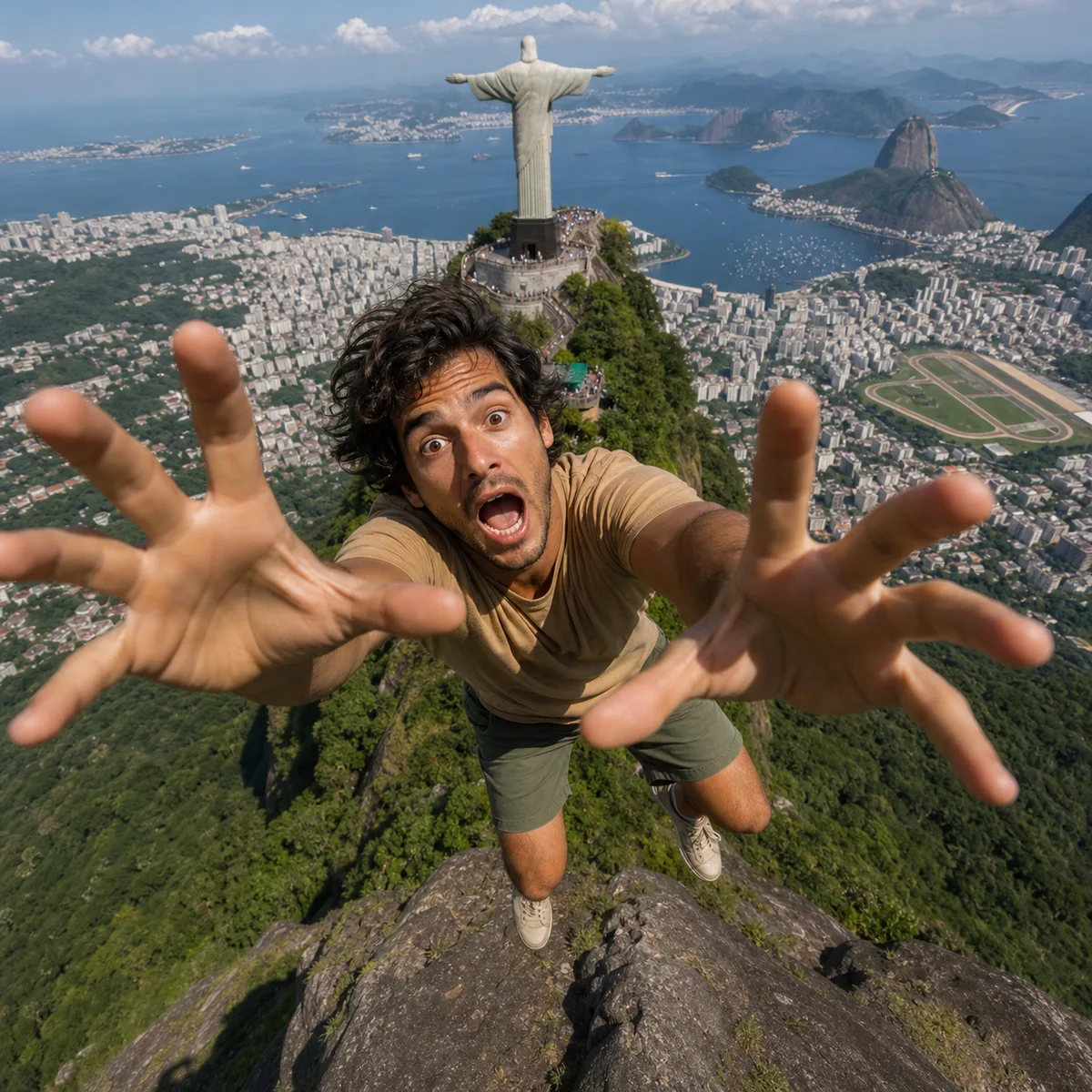 pessoa caindo em perspectiva realista perto do Cristo Redentor