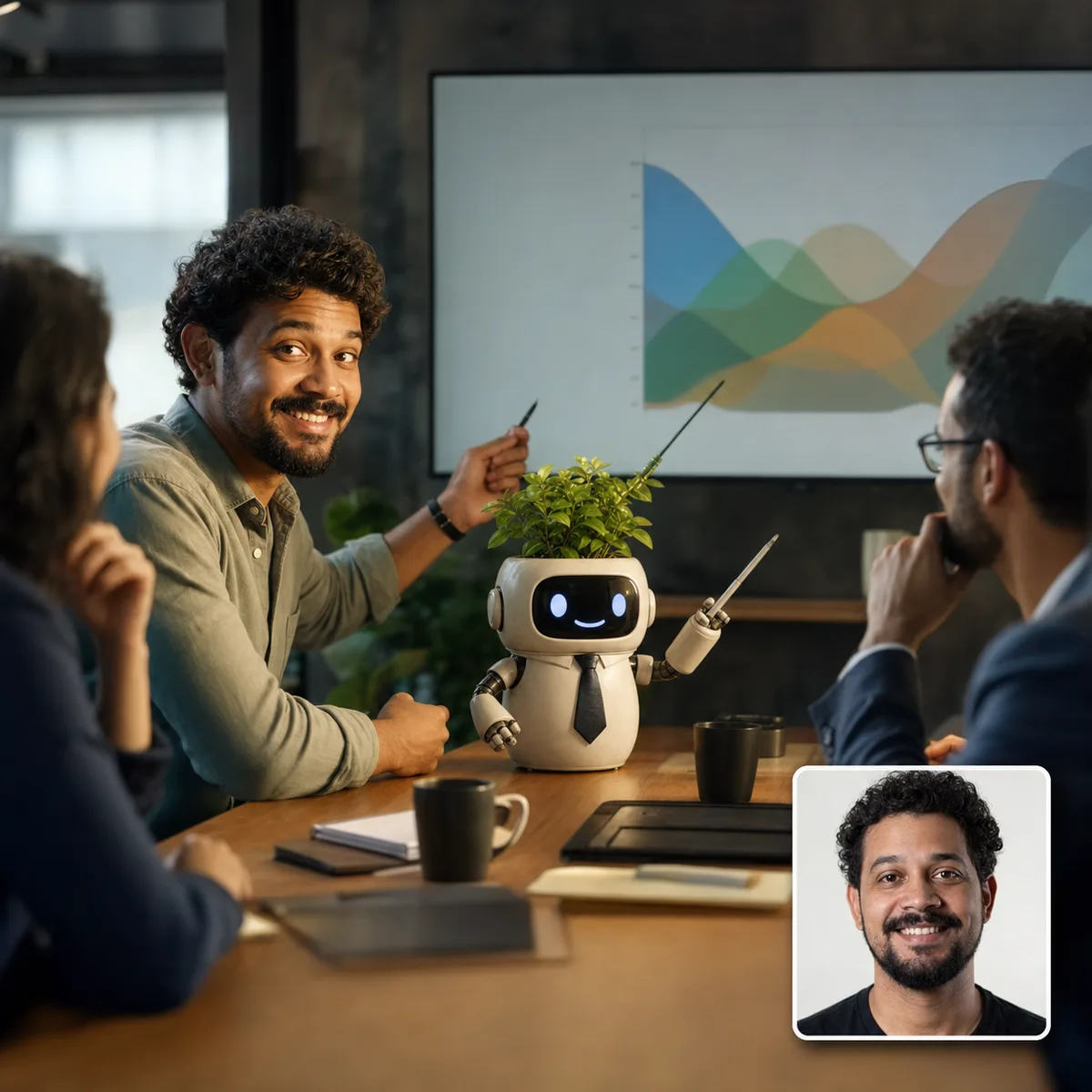 robô-planta apresentando o gráfico com antes e depois criado com IA