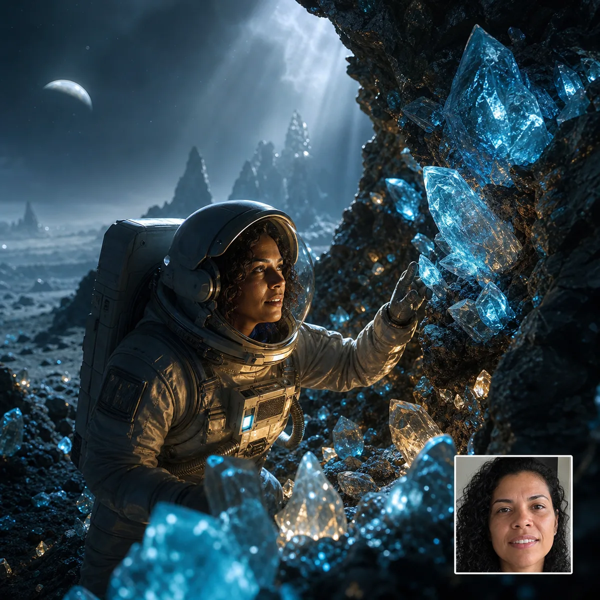 caverna de cristais alienígenas com antes e depois criado com ia