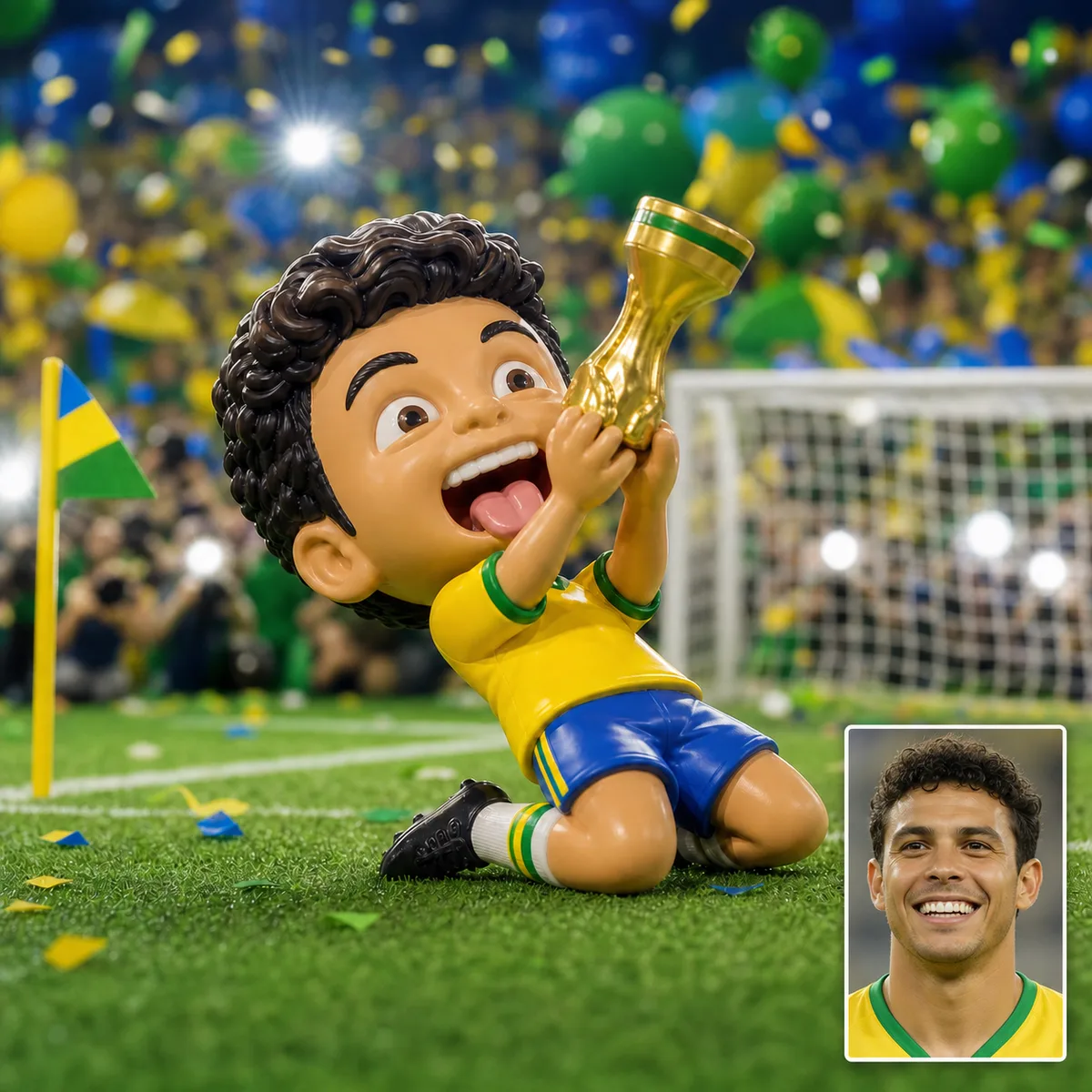 mini craque cabeçudo comemorando com troféu