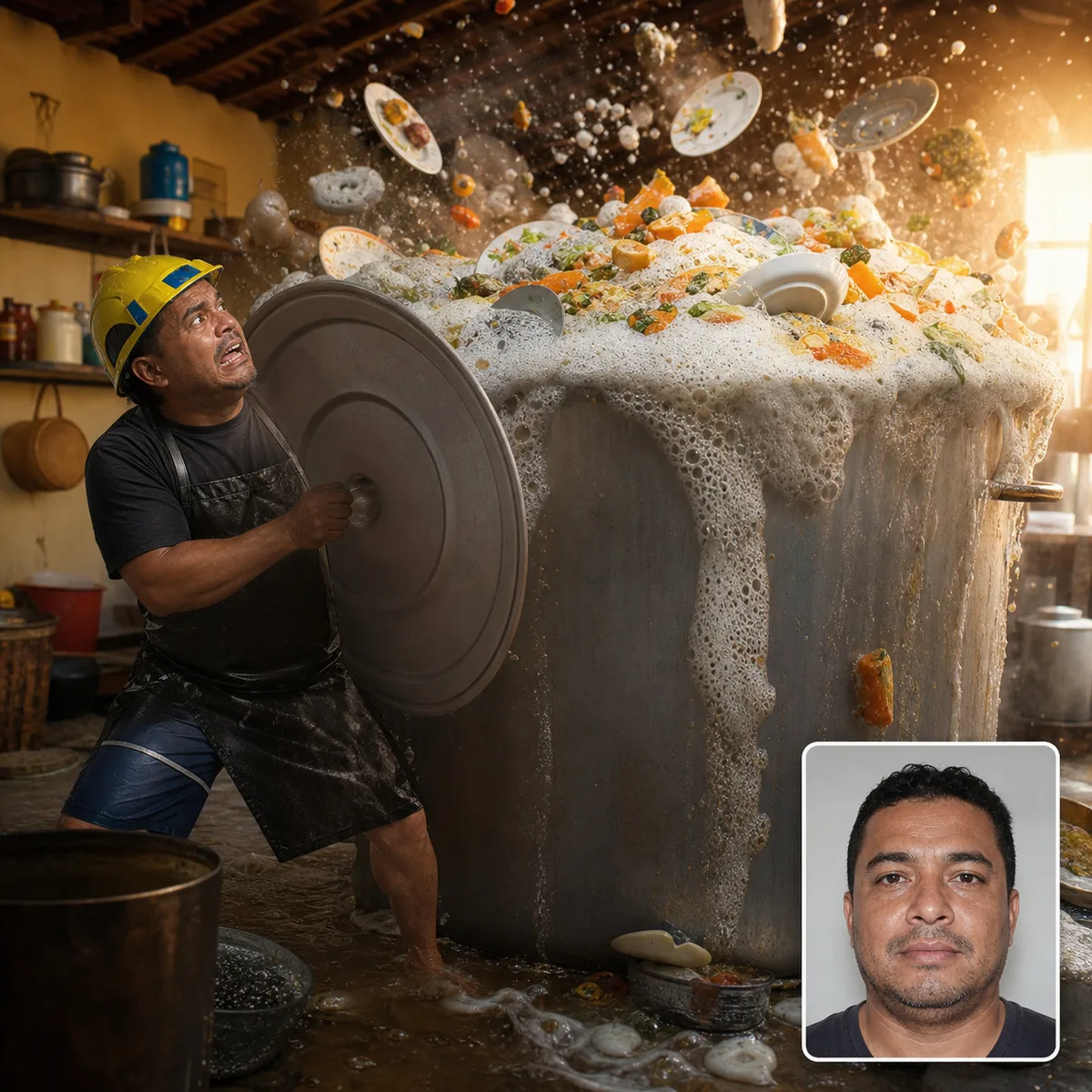 panela gigante transbordando com antes e depois criado com IA