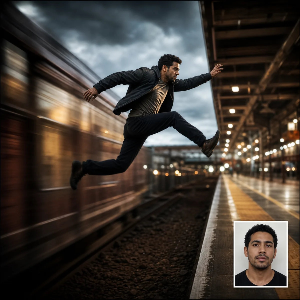 plataforma de trem em movimento com antes e depois criado com IA