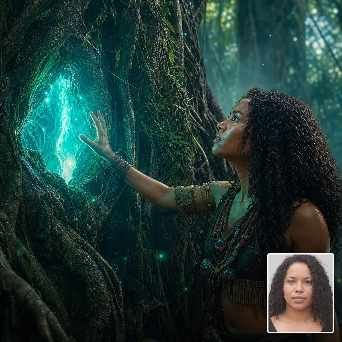 portal dentro da árvore com antes e depois criado com IA