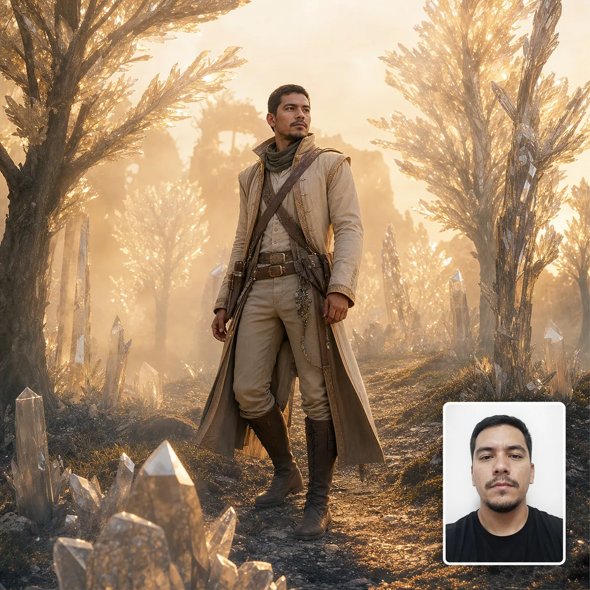 bosque de cristais com antes e depois criado com IA