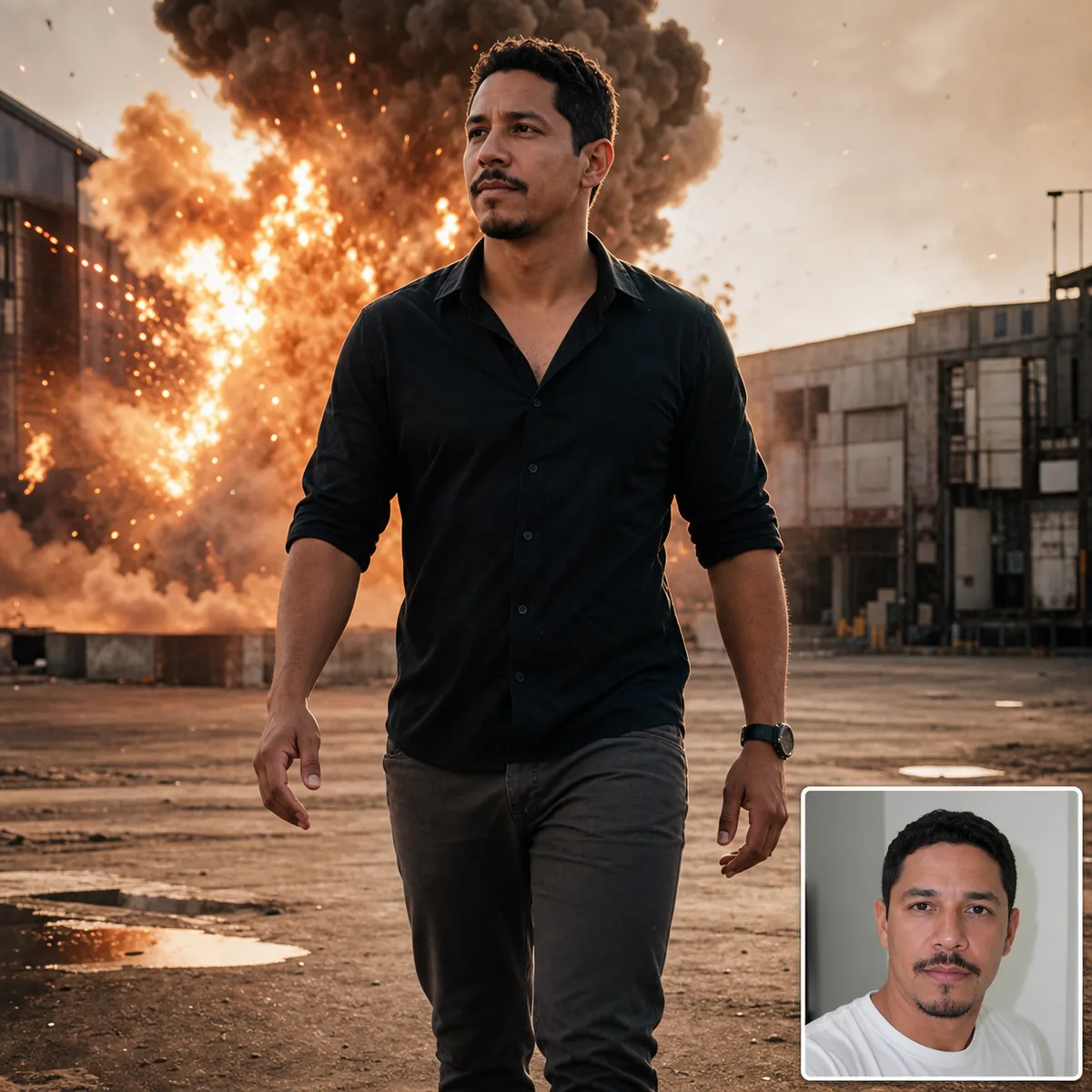 explosão cenográfica ao fundo com antes e depois criado com IA