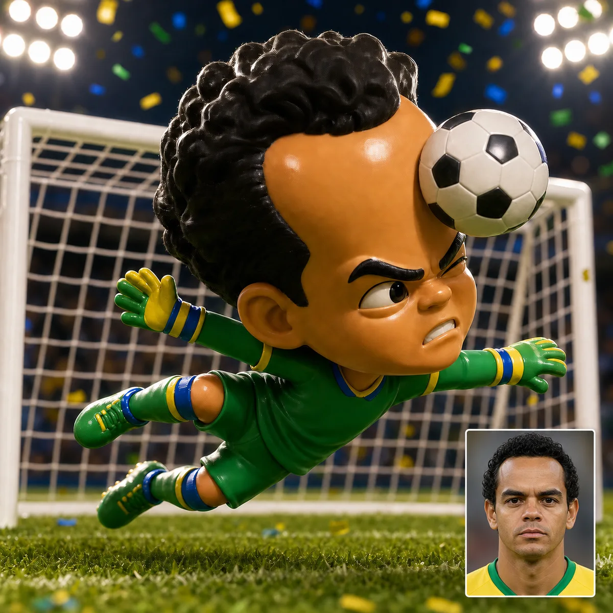 mini craque goleiro cabeçudo defendendo com a testa