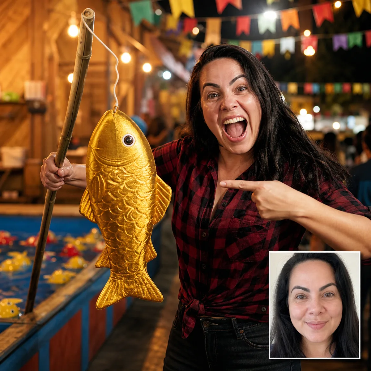 pescaria com prêmio dourado com antes e depois criado com ia