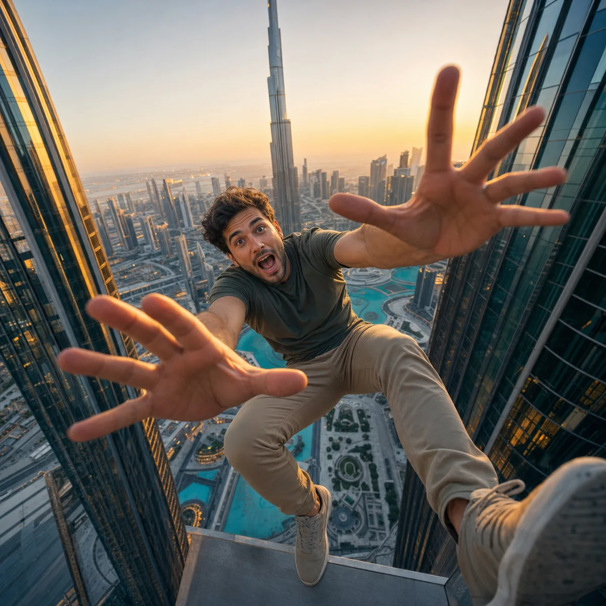 pessoa caindo em perspectiva realista entre prédios em Dubai