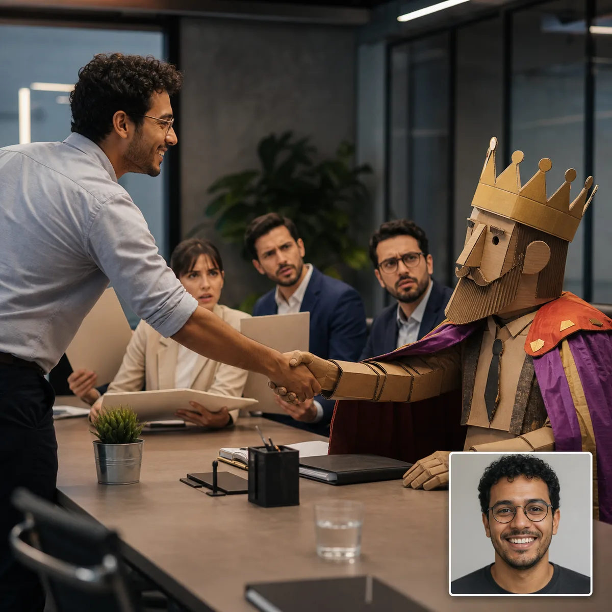 rei de papelão consultor com antes e depois criado com IA