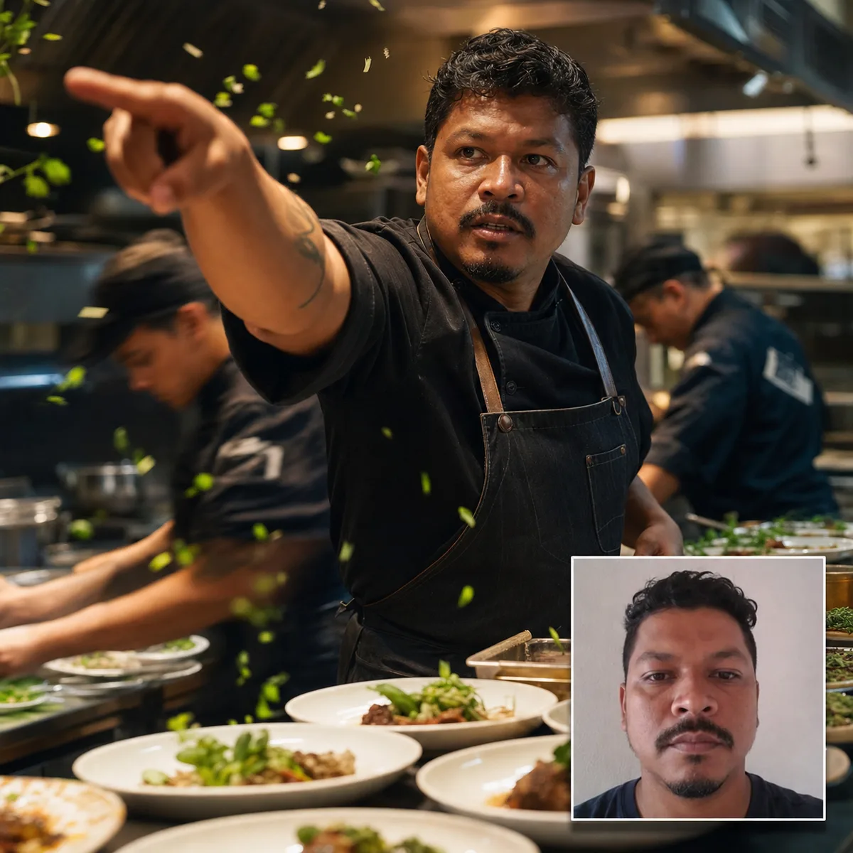 serviço de restaurante em ritmo máximo com antes e depois criado com ia