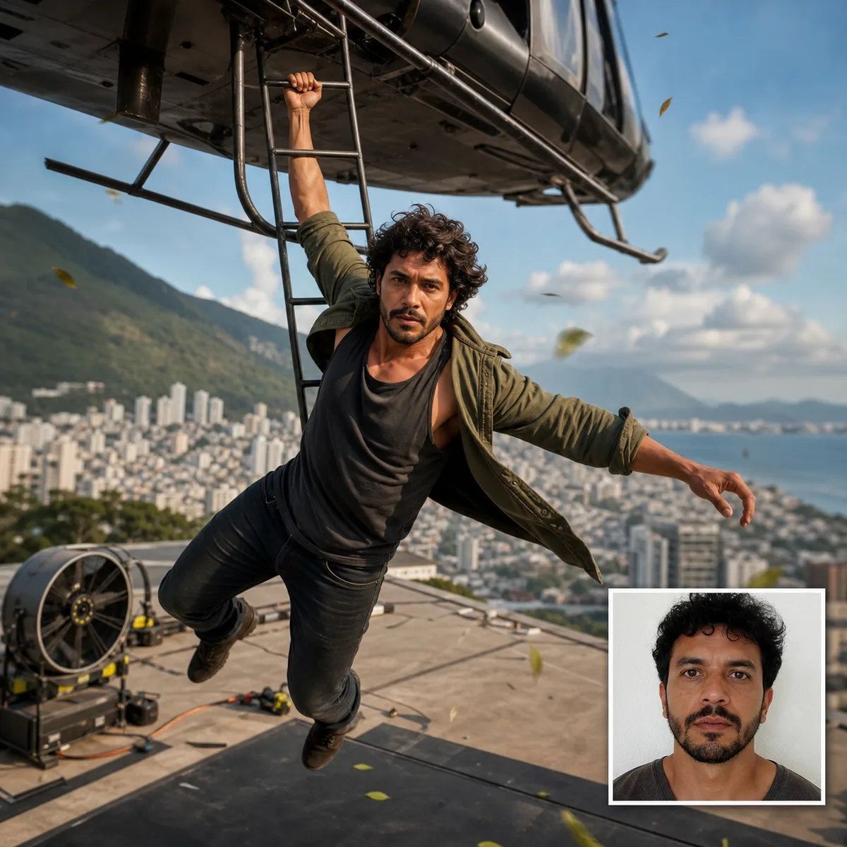 escada de helicóptero fictício com antes e depois criado com IA