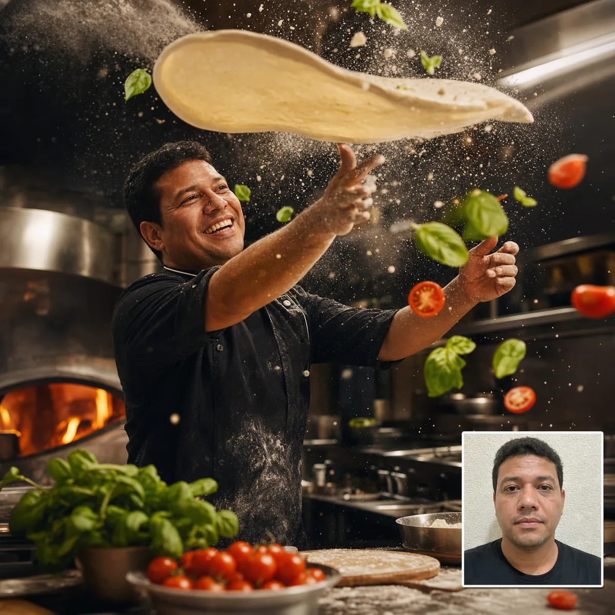 massa de pizza acrobática com antes e depois criado com ia