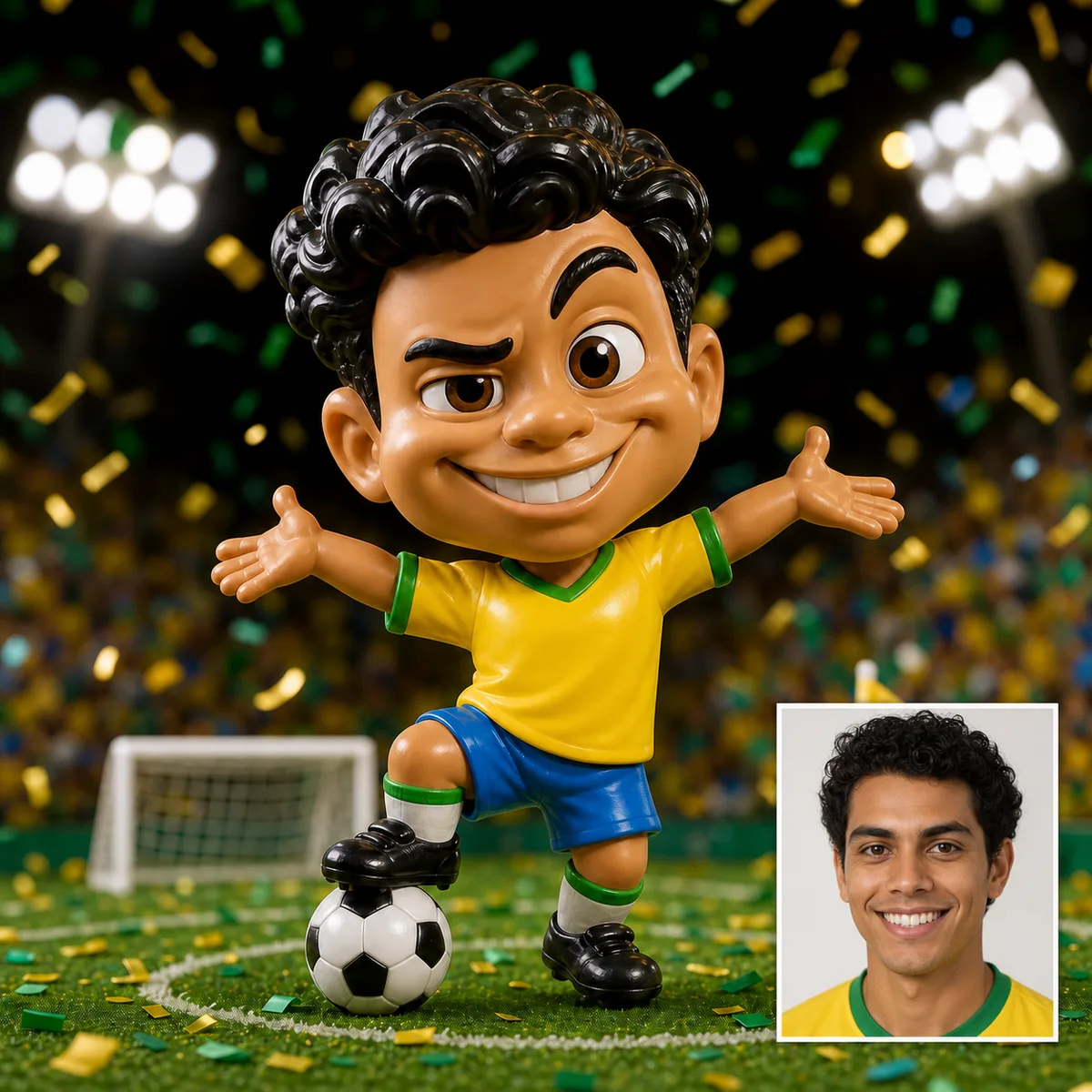 mini craque cabeçudo fazendo dancinha de comemoração