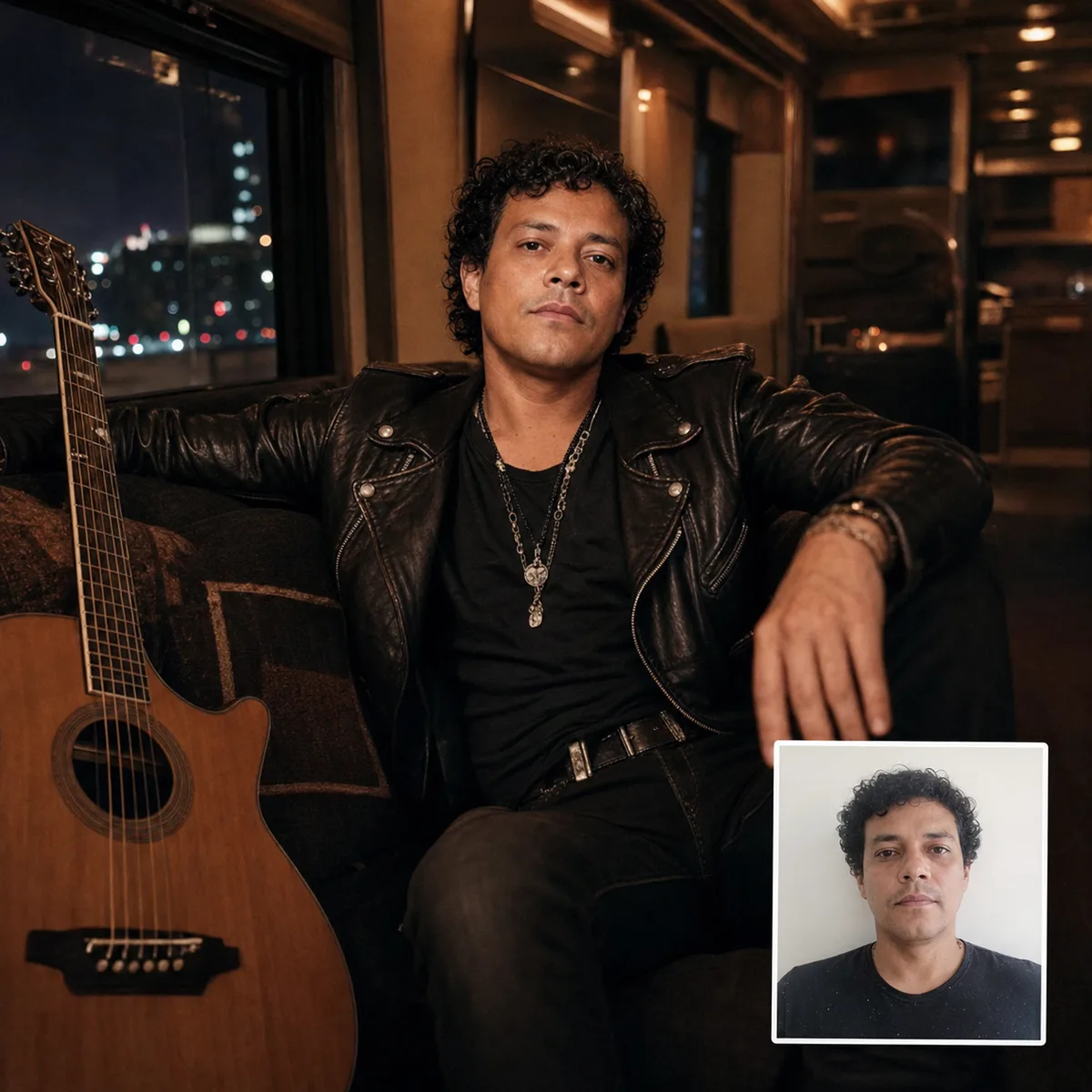 ônibus de turnê à noite com antes e depois criado com ia