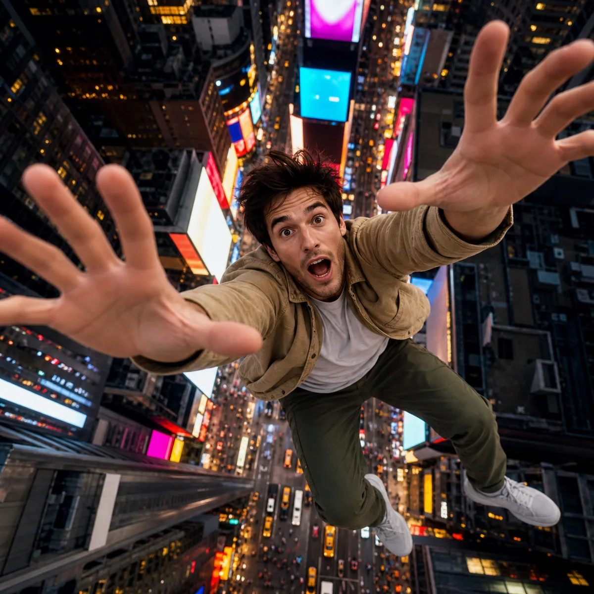 pessoa caindo em perspectiva realista acima da Times Square