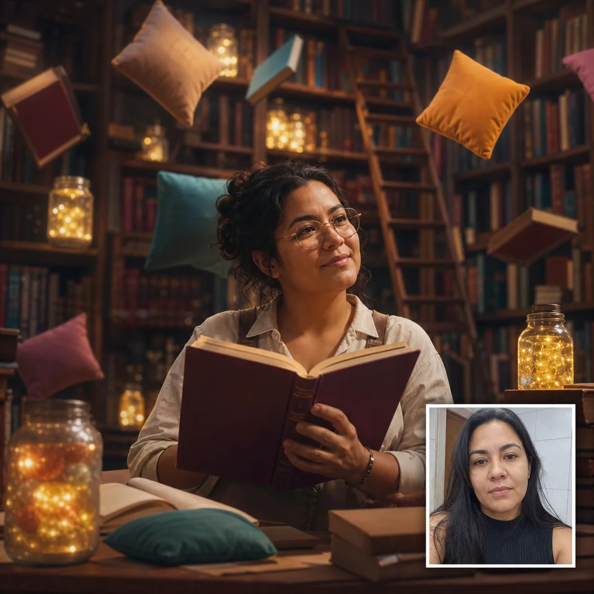 bibliotecária de sonhos com antes e depois criado com IA