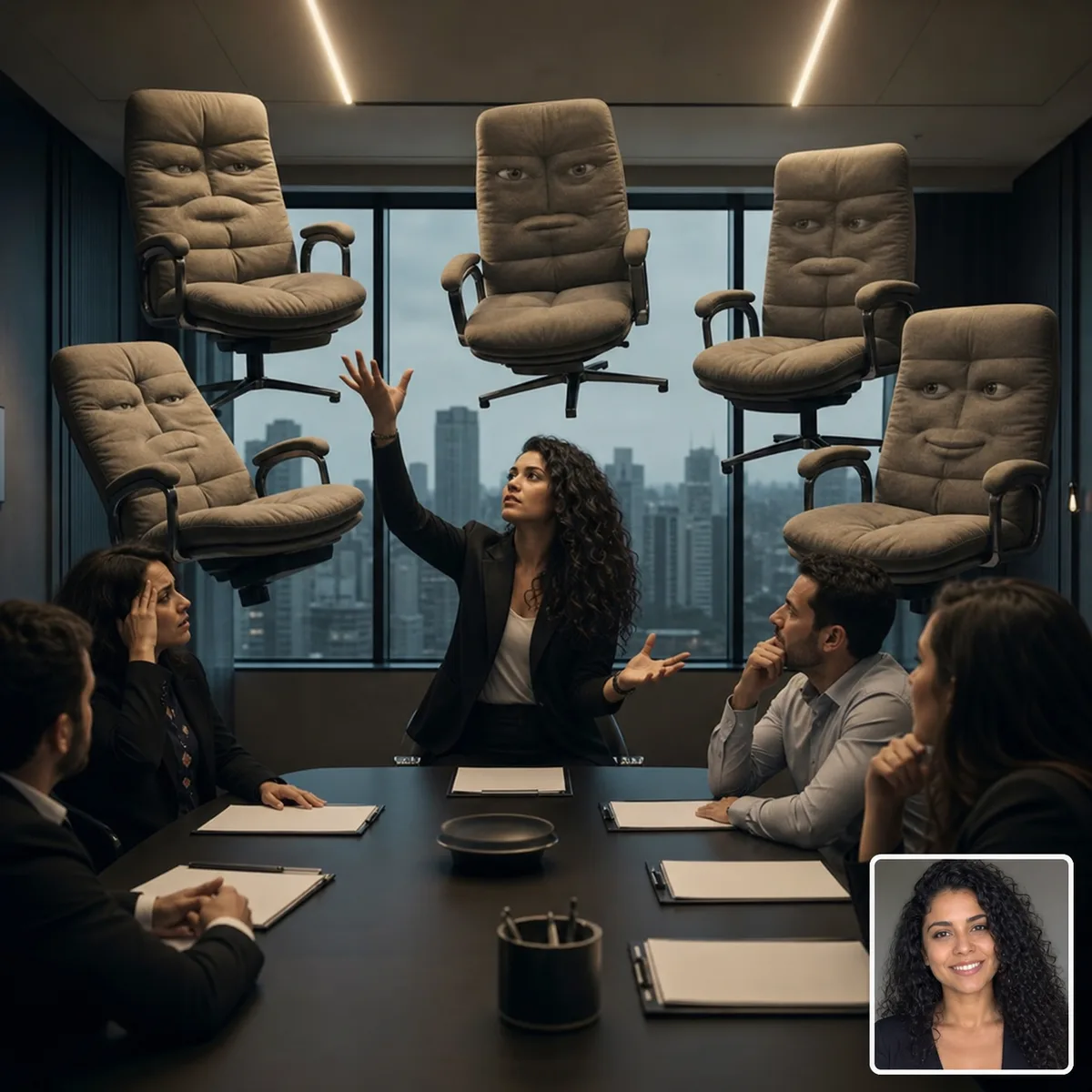 conselho das cadeiras flutuantes com antes e depois criado com IA