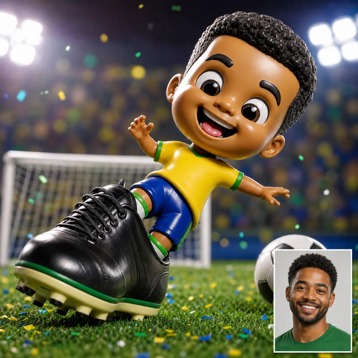 mini craque cabeçudo chutando com chuteira gigante
